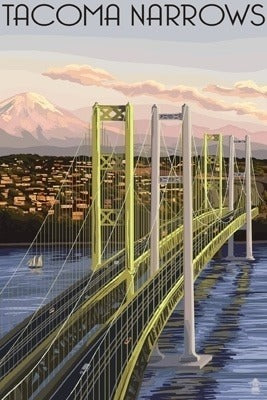 Lantern Press Cards Tacoma, Washington Narrows Bridge and Rainier Postcard