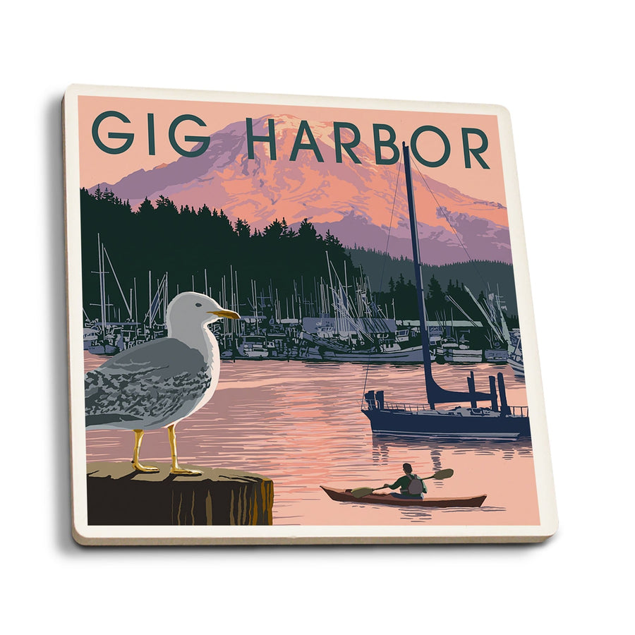 Lantern Press Coasters Gig Harbor Marina and Rainier at Sunset Ceramic Coaster
