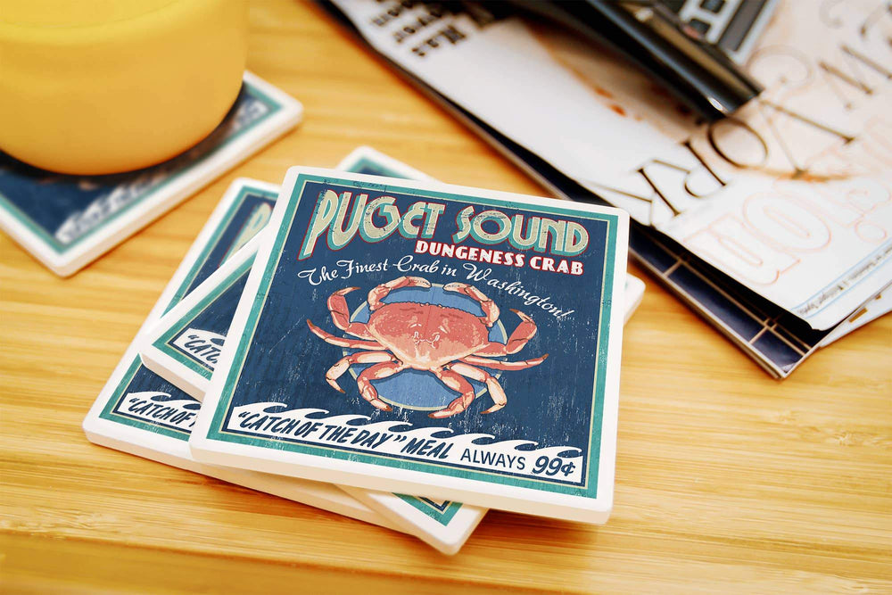 Lantern Press Coasters Puget Sound - Dungeness Crab Ceramic Coasters