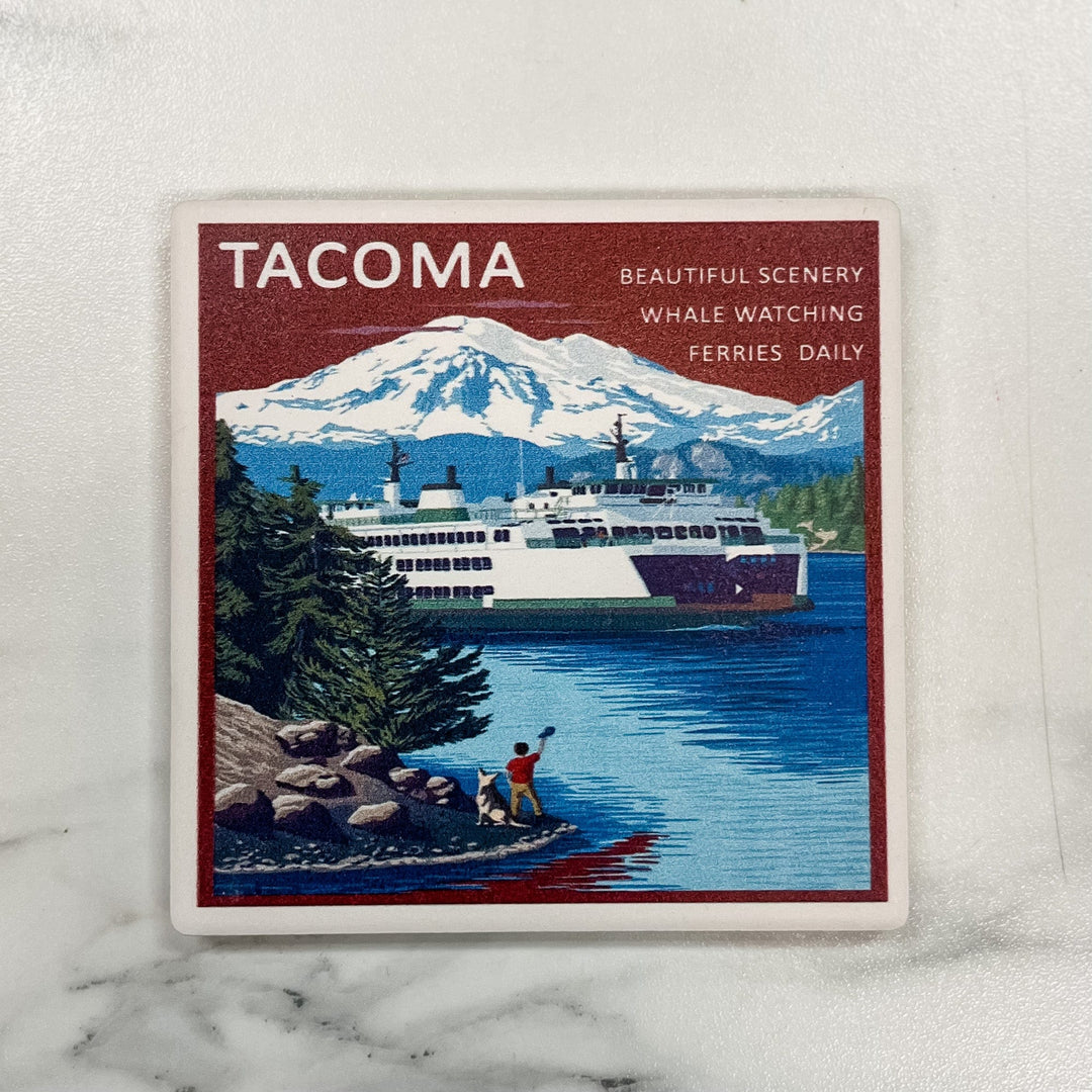 Lantern Press Coasters Tacoma Ferry & Mount Rainier Scene Coaster