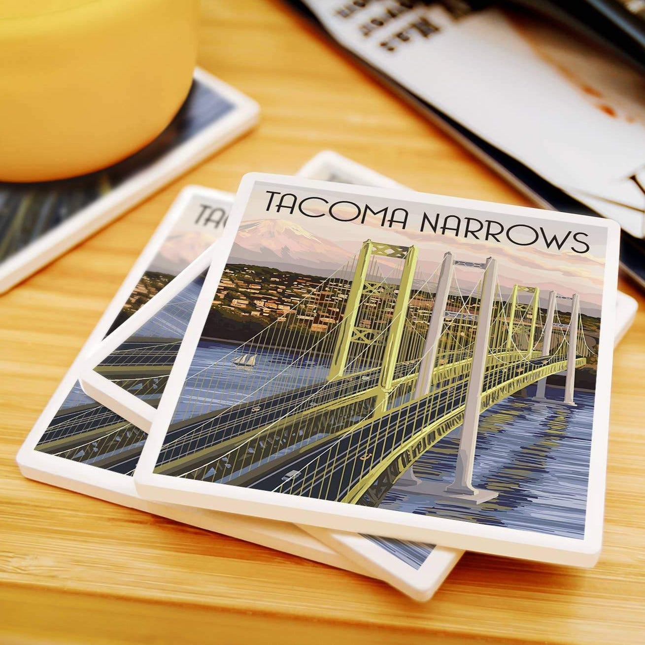 Lantern Press Coasters Tacoma Narrows Bridge and Rainier Coaster