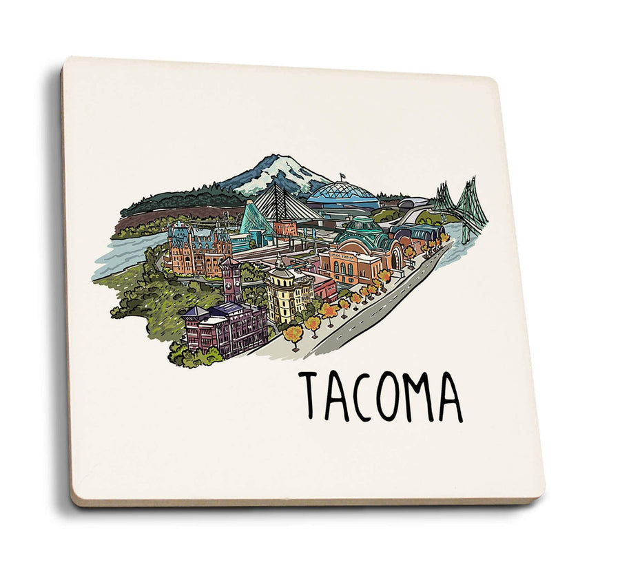 Lantern Press Coasters Tacoma, WA Cityscape Line Drawing Ceramic Coaster