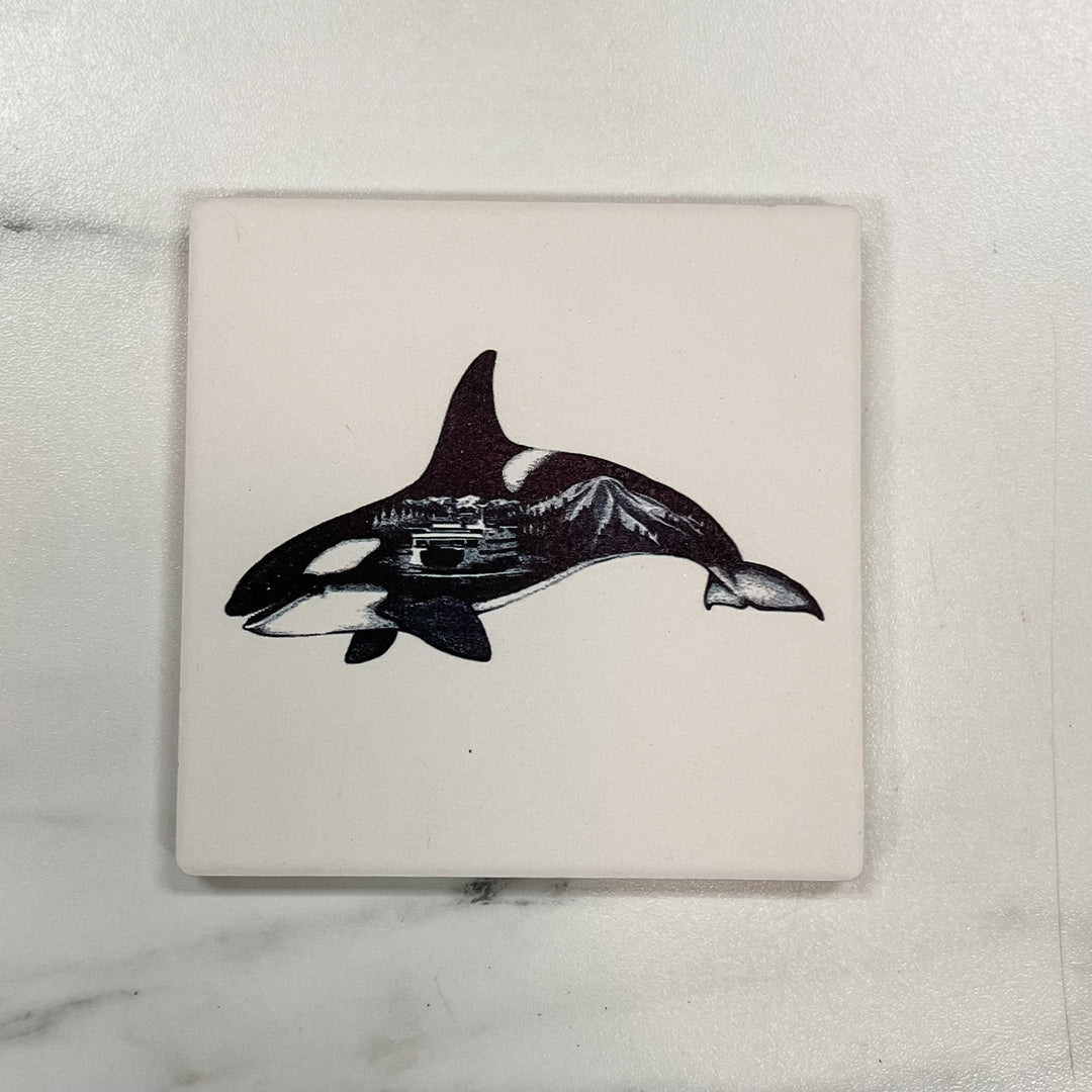 Lantern Press Coasters WA - Orca, Ferry, and Mount Rainier Double Exposure Coaster