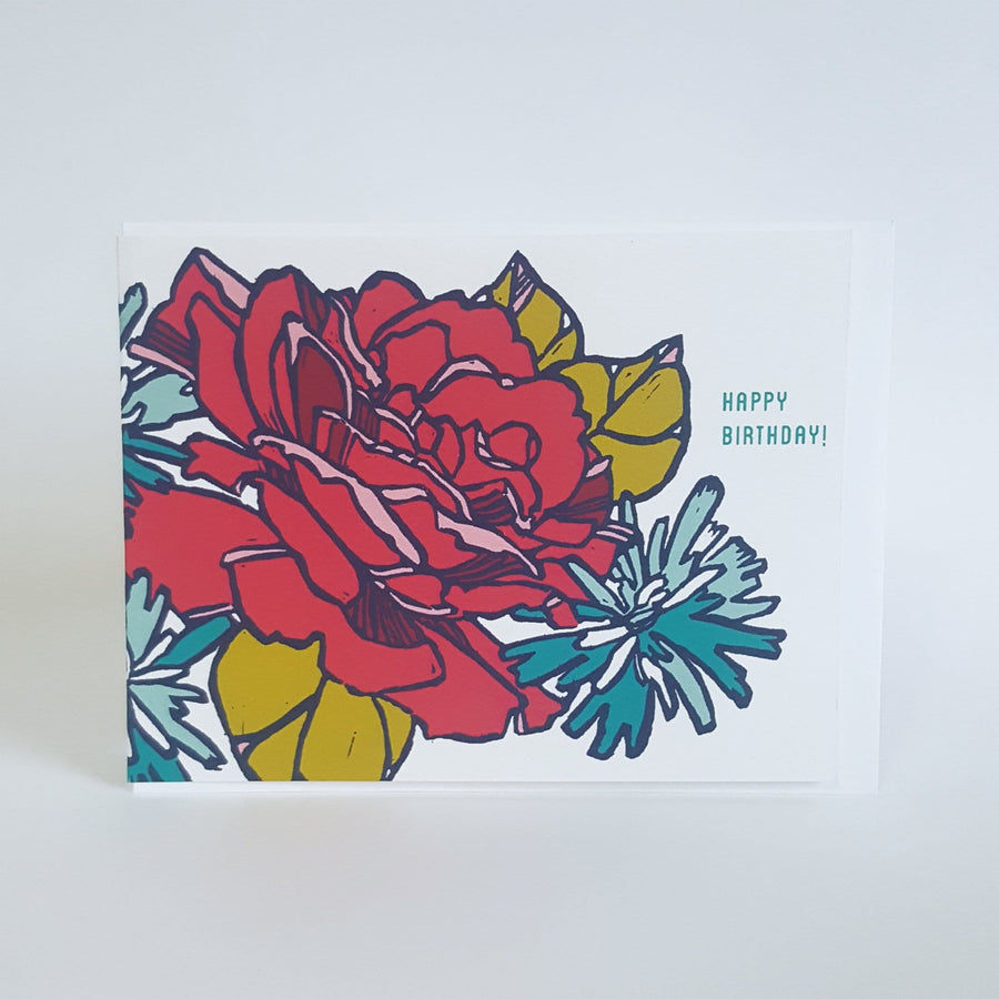 Little Green Card Happy Birthday Rose Floral Card