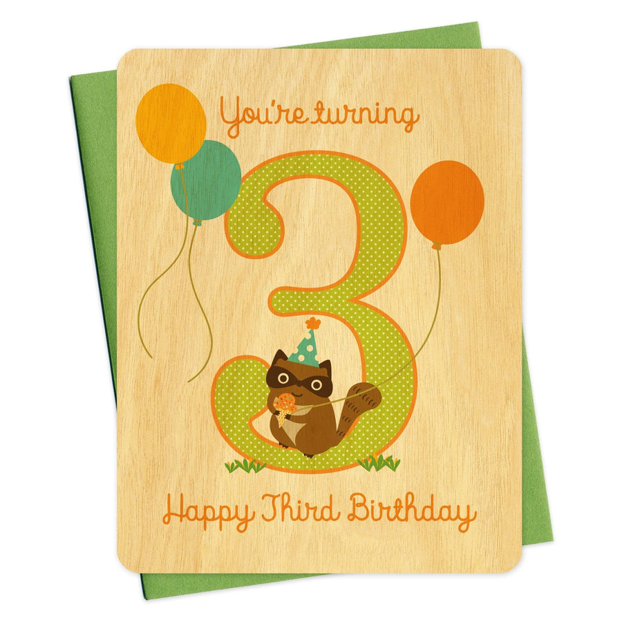 Night Owl Paper Goods Card Three Raccoon Wood Third Birthday Card