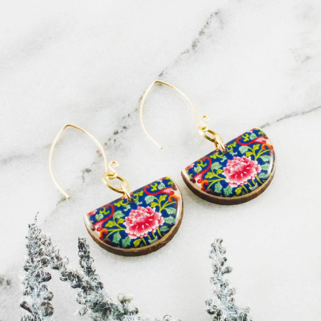 No Man's Land Artifacts Earrings Blue Chinese Floral Half Circle Earrings