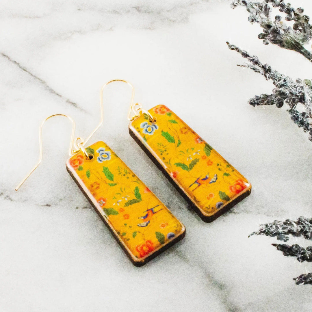 No Man's Land Artifacts Earrings Bright Gold Floral Tapered Rectangle Earrings