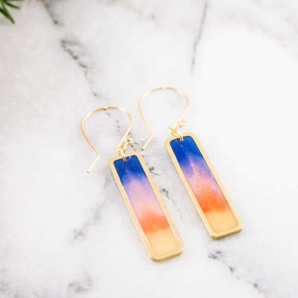 No Man's Land Artifacts Earrings Petite Brass Rectangle Sunset Earrings