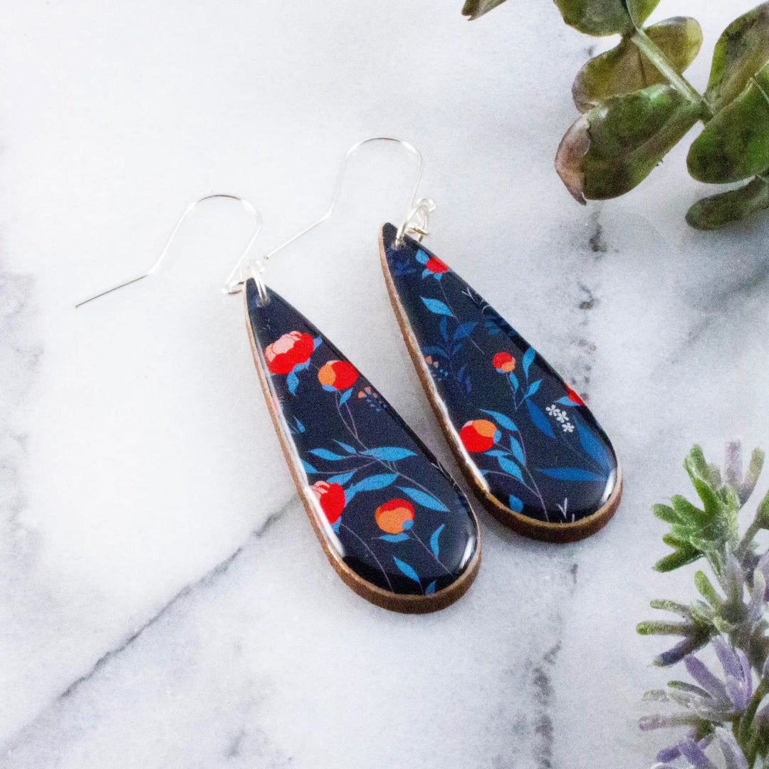 No Man's Land Artifacts Earrings Teardrop Navy + Red Modern Peony Earrings