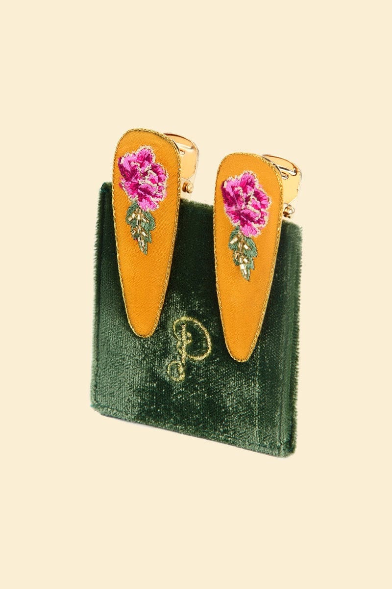 Powder Hair Accessories Embroidered Hair Clips (Set of 2) - Mustard Peony