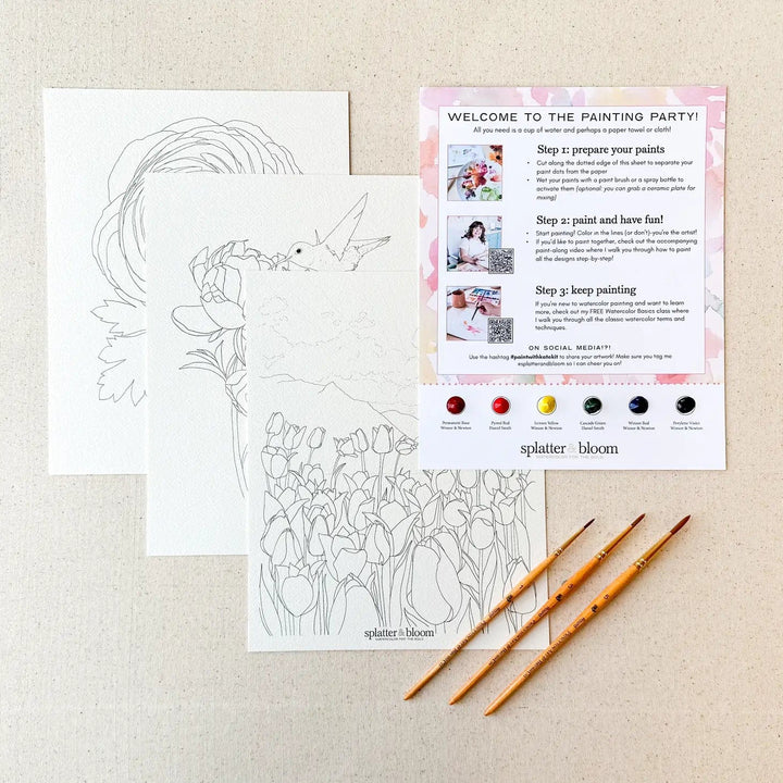 Splatter & Bloom Watercolors Watercolor Painting Kit - Spring Florals, Beginner Skill Level