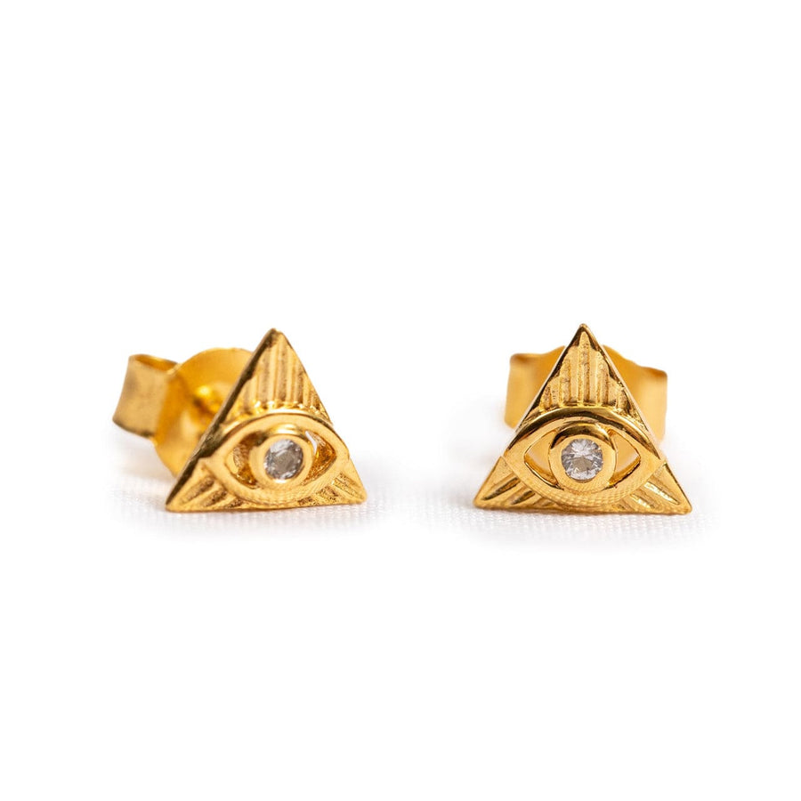 Sugarboo Earrings Mini Gold Plated Triangle Studs with White Topaz Evil Eye