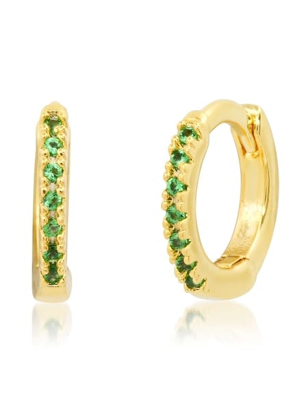 TAI Jewelry Gold Huggie Earrings with Green CZ Accents