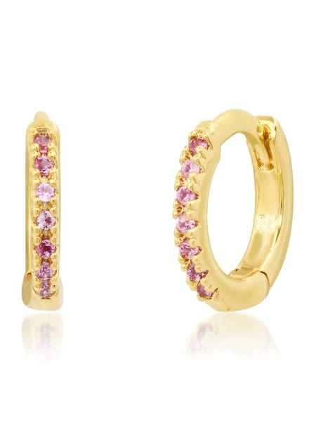 TAI Jewelry Gold Huggie Earrings with Pink CZ Accents