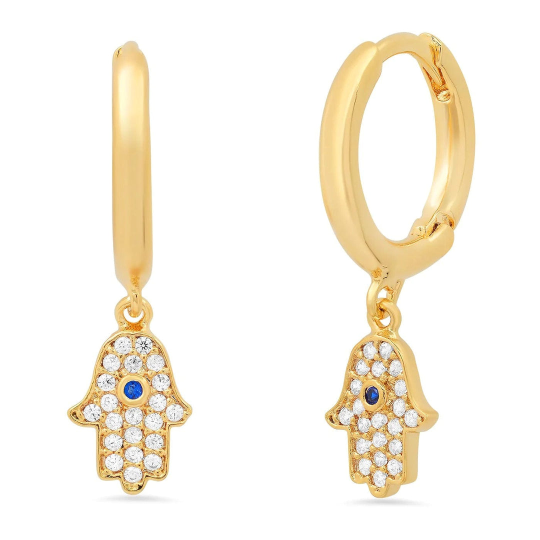 TAI Jewelry Gold Huggies with Pave CZ Hamsa Charms