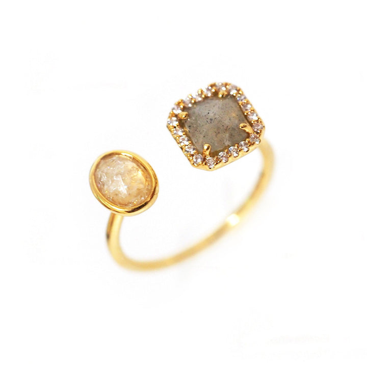 TAI Jewelry Ring Adjustable Gold Ring with Labradorite and White Rock Crystal