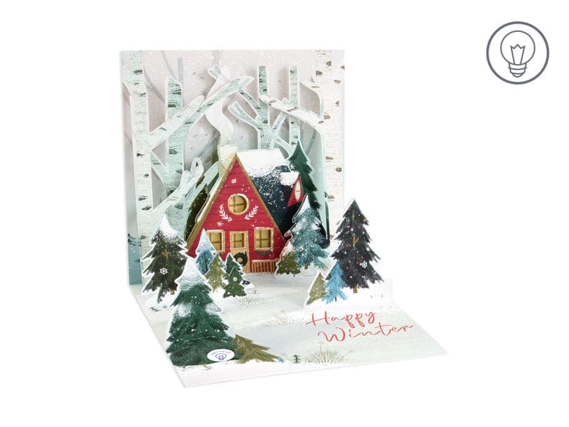 Up With Paper Card A-Frame Cabin Holiday Pop-Up Card with Lights