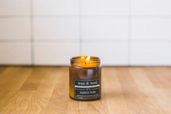 wax & wool Candle Amber Noir - 9 oz Pure Soy Wax Candle