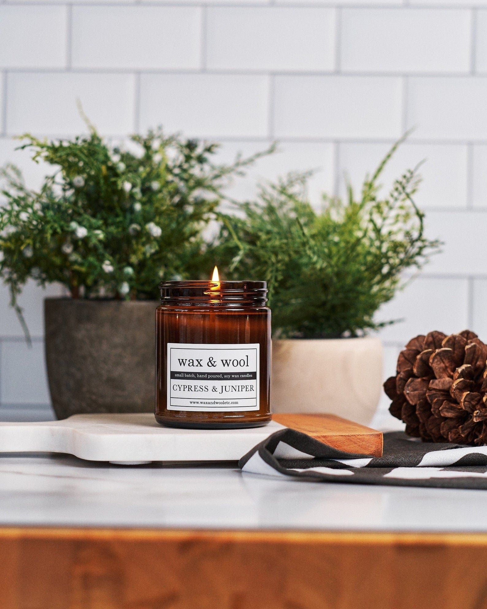 wax & wool Candle Cypress & Juniper - 9oz Pure Soy Wax Candle in Amber Jar