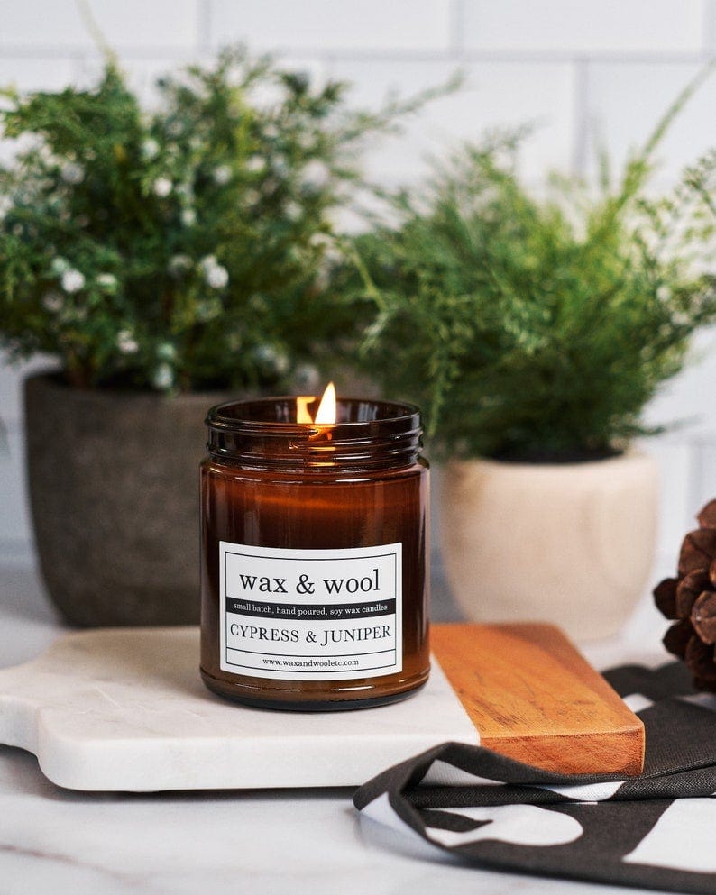 wax & wool Candle Cypress & Juniper - 9oz Pure Soy Wax Candle in Amber Jar