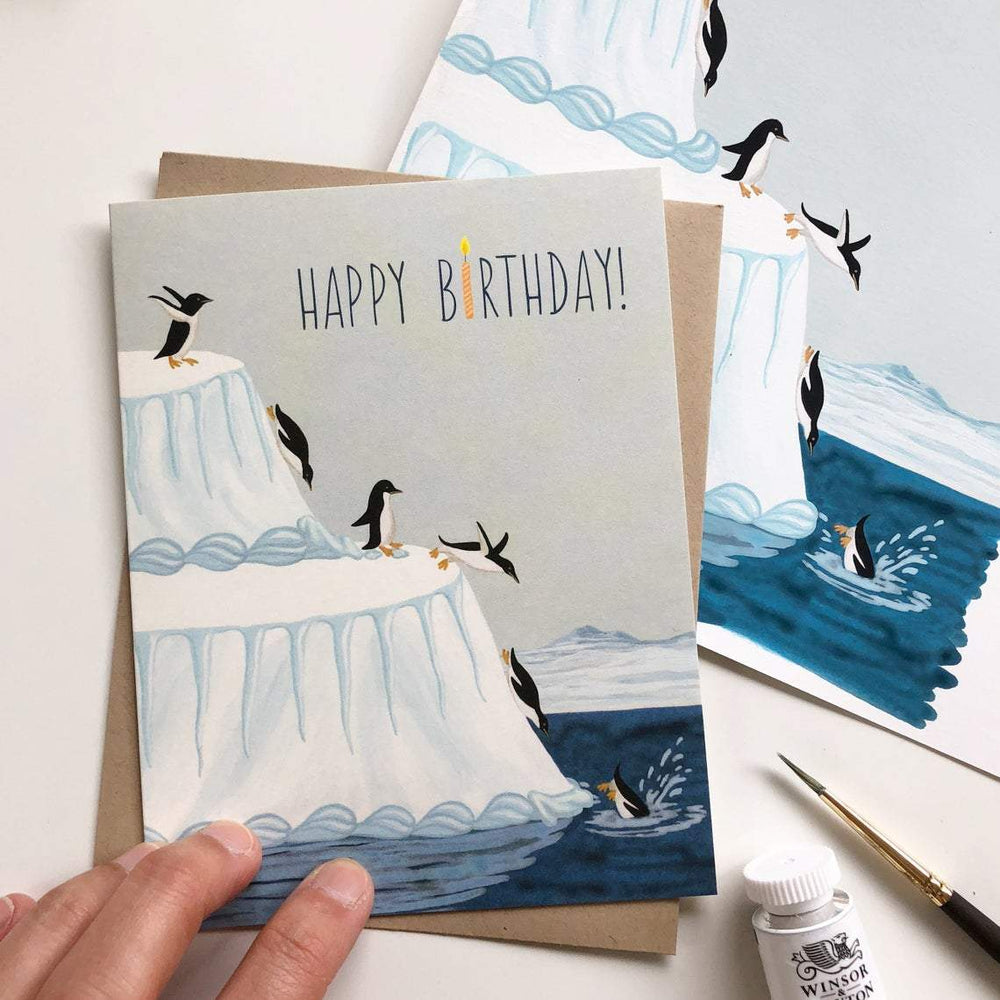 Yeppie Paper Card Penguin Sliding Down Cake Birthday Card